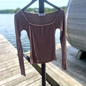 Joah Brown Square neck long sleeve cotton stretch shirt